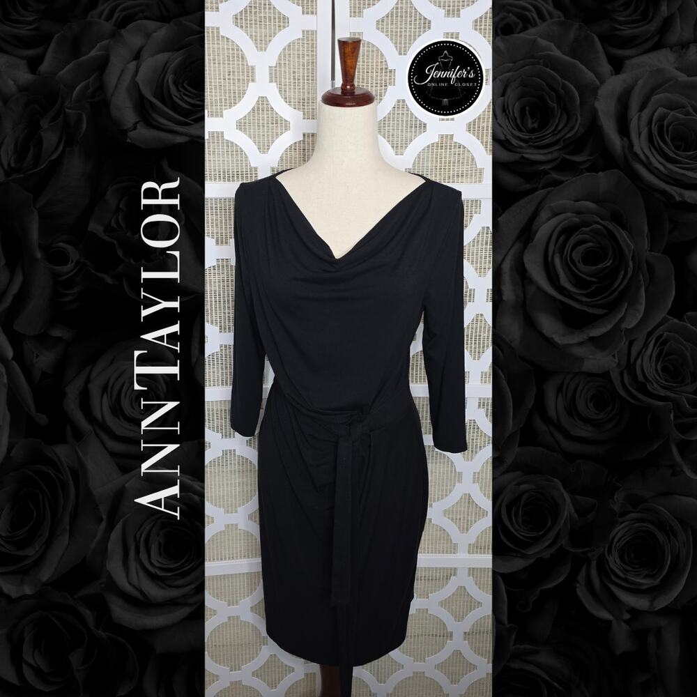 Ann Taylor Women's Black Cowl Neck 3/4 Sleeve Attached Belt Wrap Dress Size M